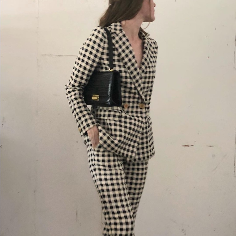 STEVEN ALAN navy and cream checkered double-breasted blazer